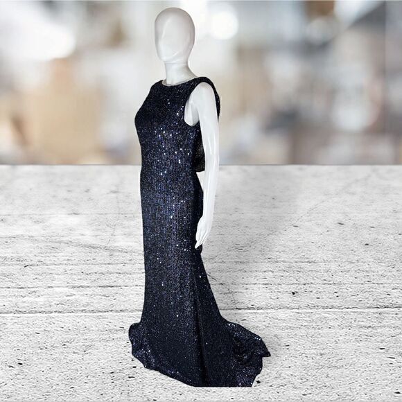 IEENA for Mac Duggal Blue Sequin Open Back Gown With Tain - Picture 1 of 6